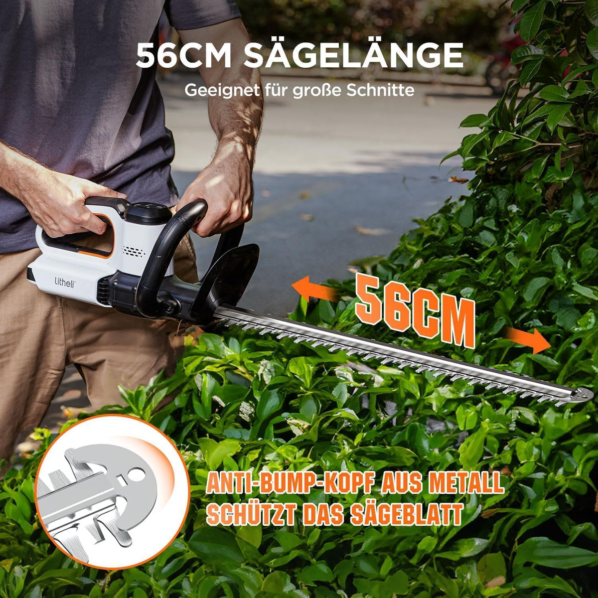 Litheli Akku-Heckenschere 56 cm mit 2 Akkus à 10.000 mAh, ergonomischem Griff und Anschlagschutz