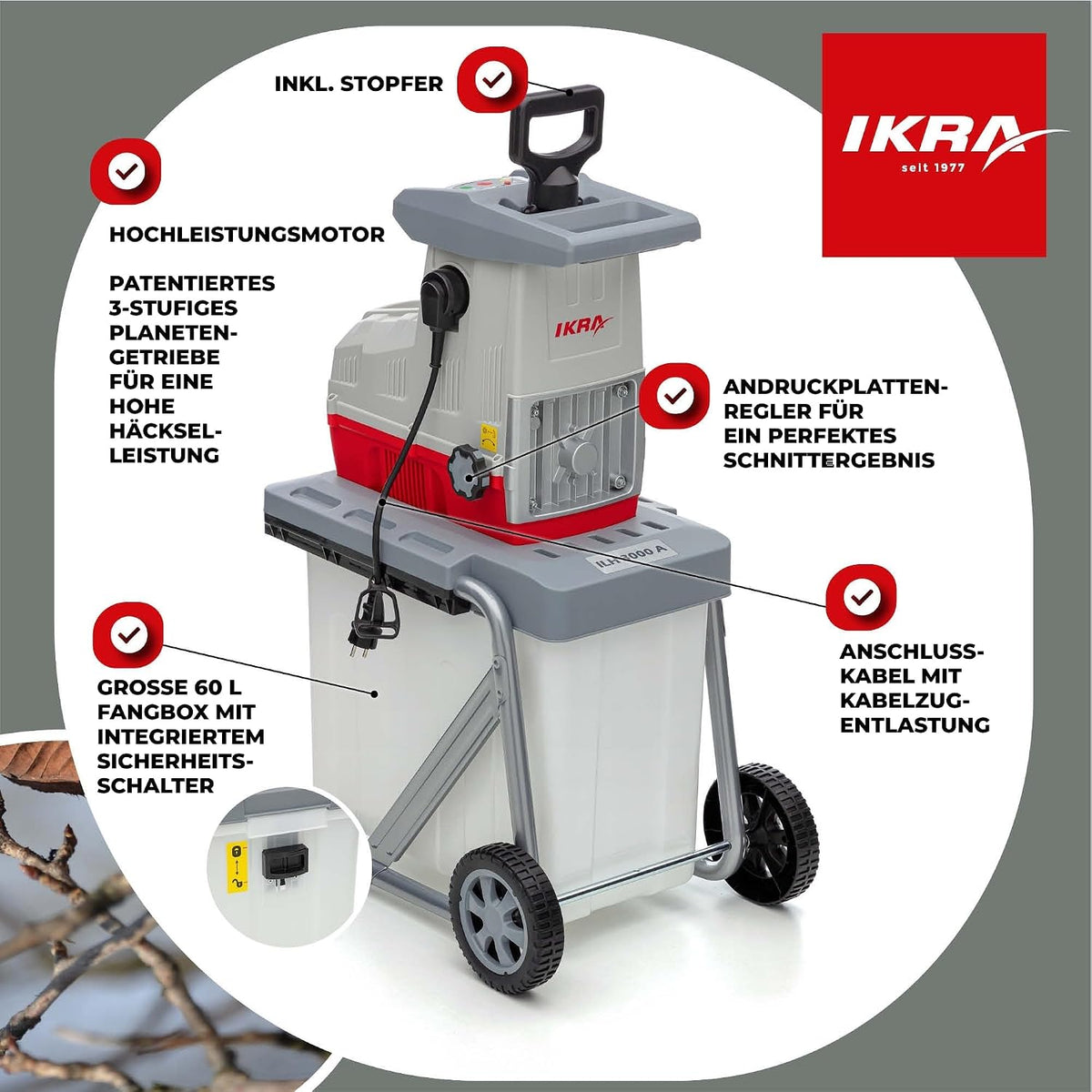 IKRA Elektro Gartenhäcksler Walzenhäcksler ILH 3000A, inkl. Gartenschere