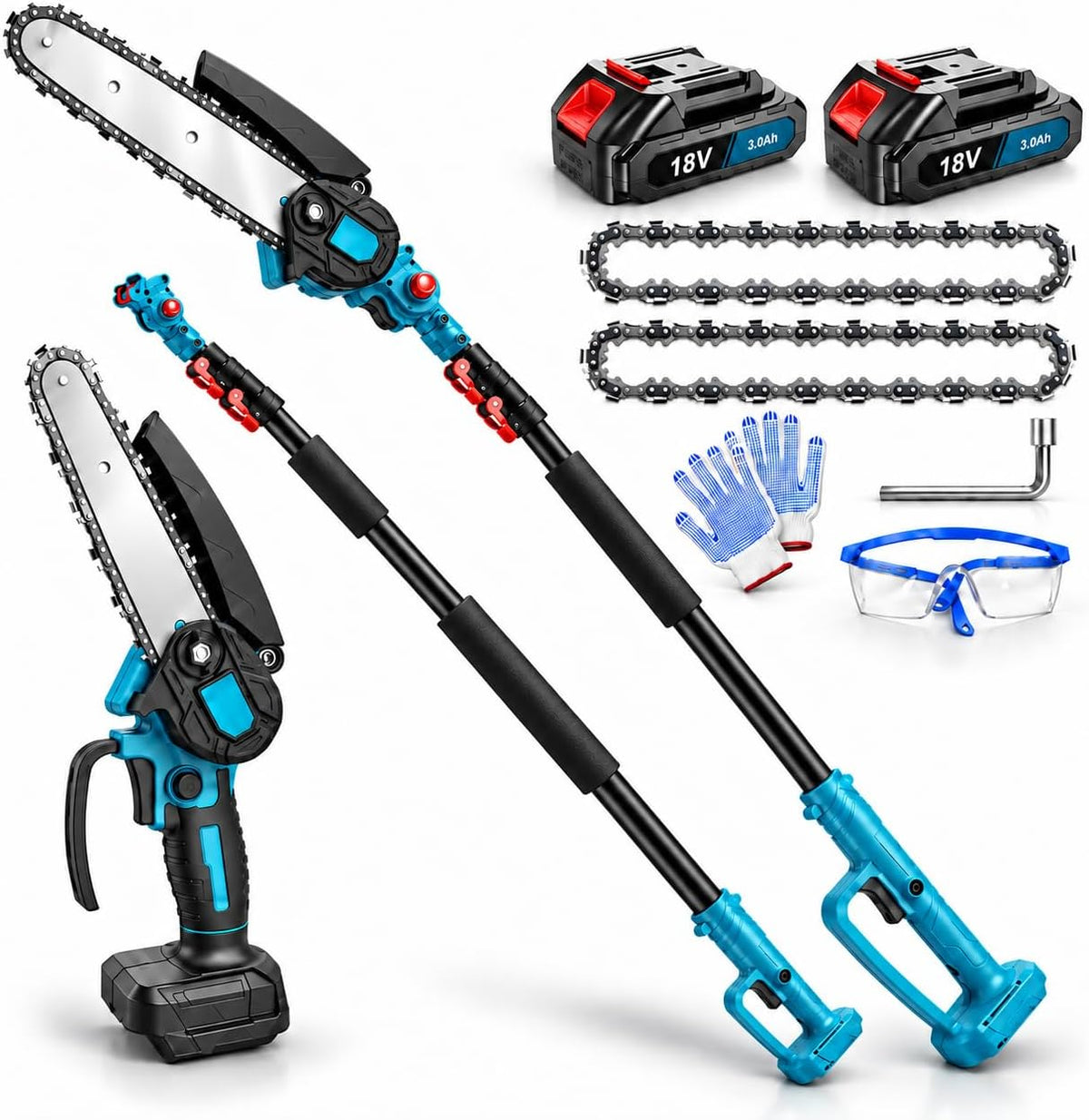 2-in-1 Akku Hochentaster, Akku kettensäge mit 2x 3.0Ah Akku & Ladegerät