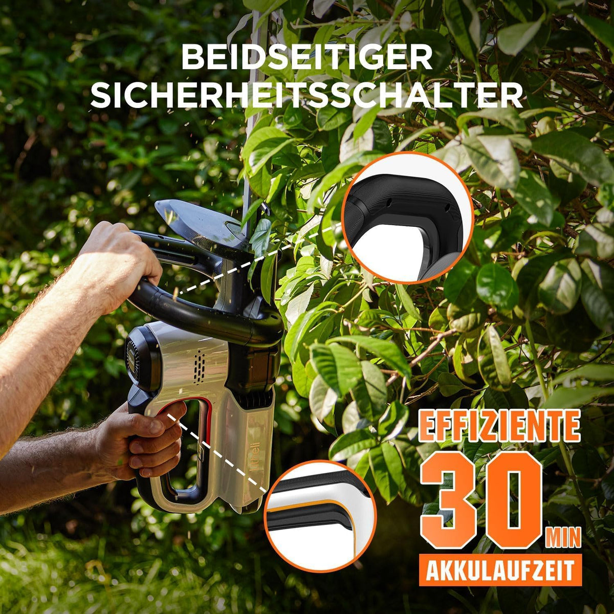 Litheli Akku-Heckenschere 56 cm mit 2 Akkus à 10.000 mAh, ergonomischem Griff und Anschlagschutz