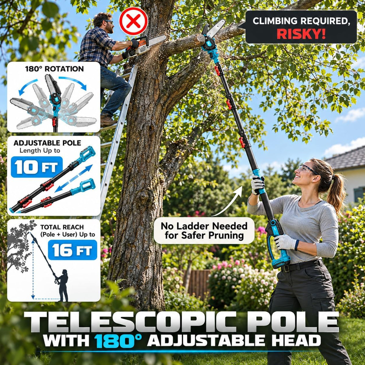2-in-1 Akku Hochentaster, Akku kettensäge mit 2x 3.0Ah Akku & Ladegerät