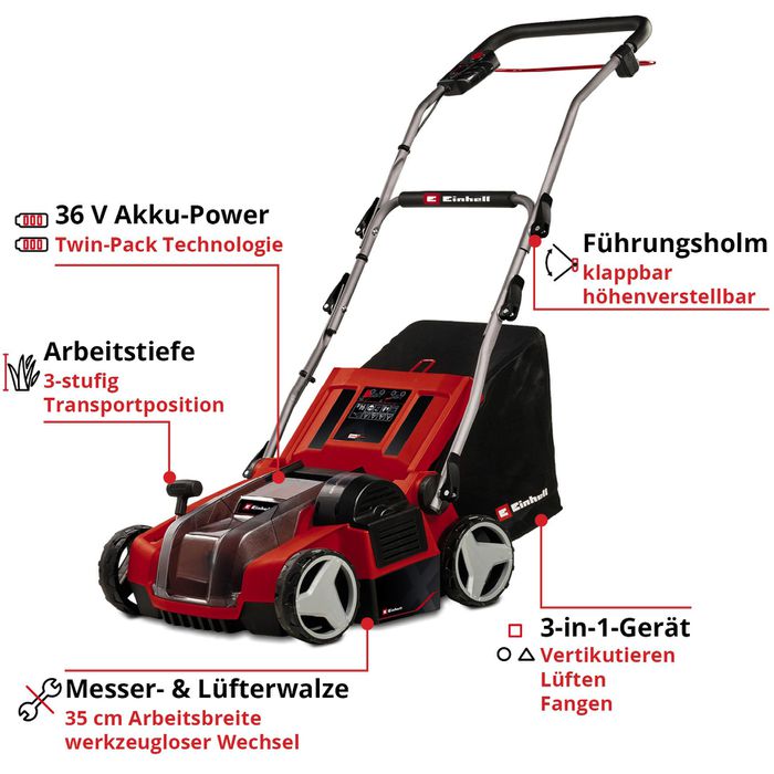 Einhell Vertikutierer GE-SA 36/35 Li-Solo, Akku, 2x 18 V, Arbeitsbreite 35cm, Fangkorb 28 L